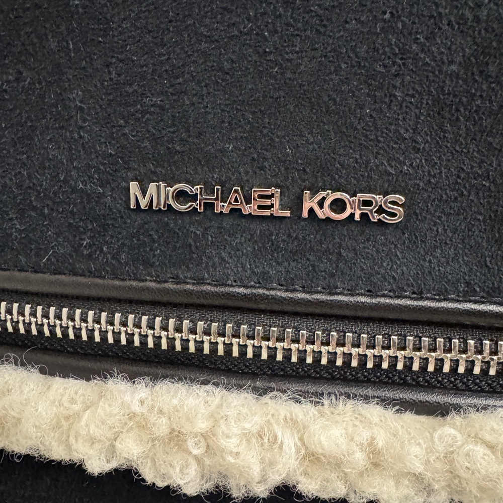 Michael Kors Rhea Medium Suede Leather and Faux Shearling Backpack in Black - Picture 6 of 12